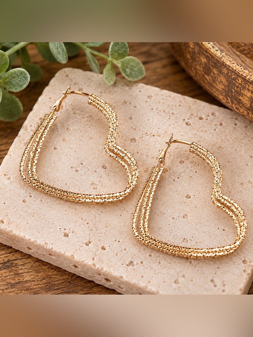 Gold Textured Triple Heart Hoop Statement Earrings